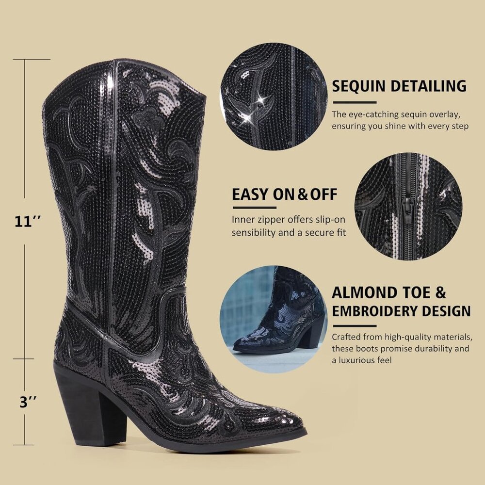 Women's Sequin Black Fashion Western Zipper Pointed Toe Embroidered Boots - Picture 5 of 6